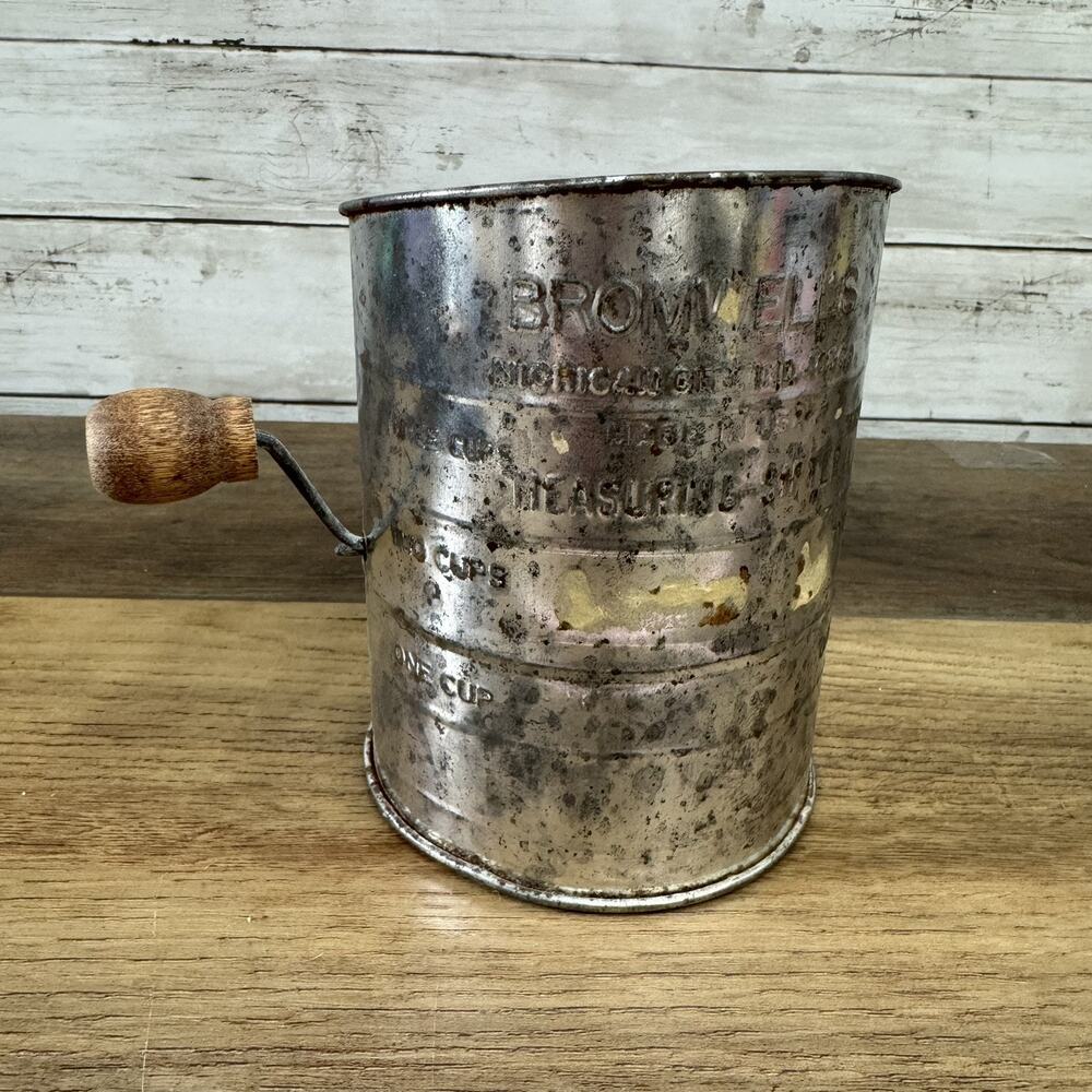 Vintage Bromwell's Measuring Cup Metal Flour Sifter Wood Handle